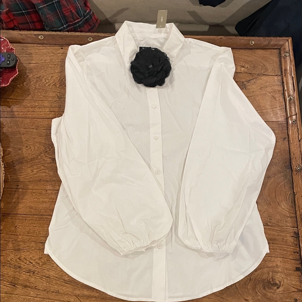 J. Crew White Button-Front Blouse with Black Floral Pin